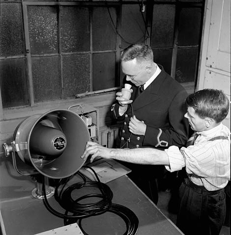 Testing a megaphone at RCA Victor plant, July 1944