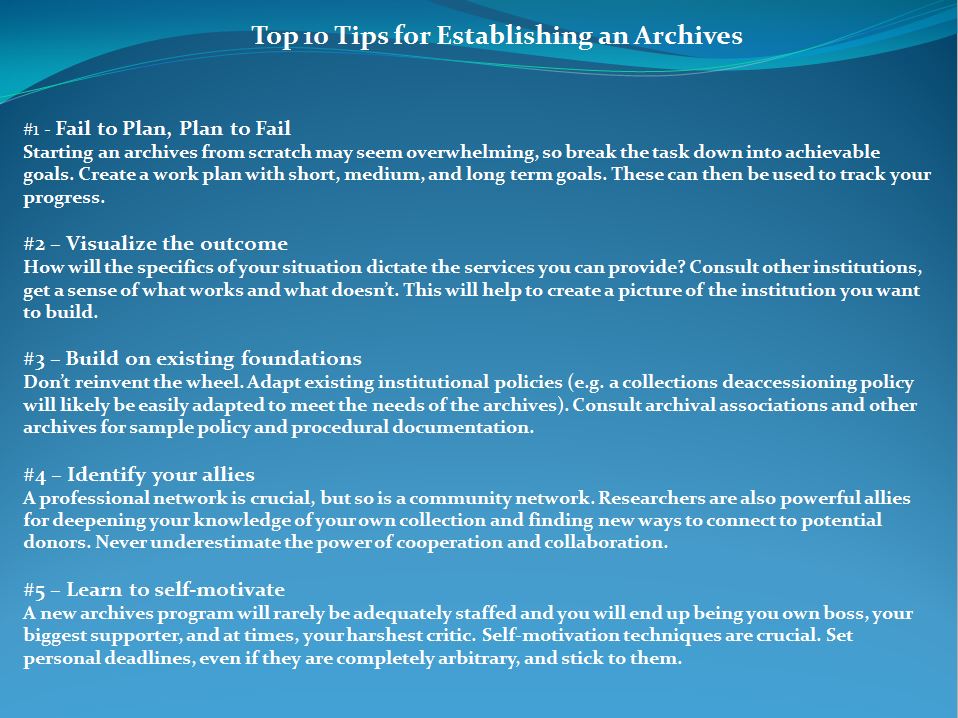 My top ten tips for establishing an archives. These are lessons I have learned over the past few years building the City of Coquitlam Archives.
